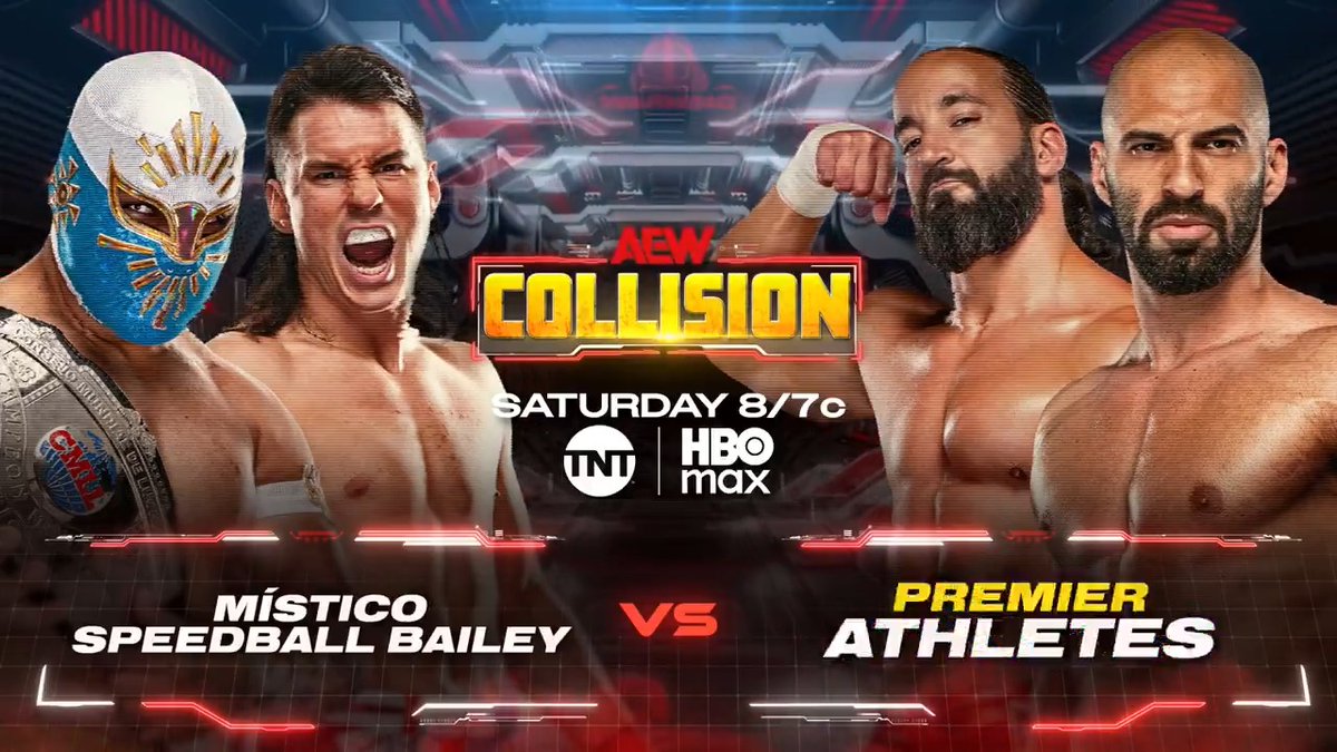 #AEWCollision 8/7c TNT &amp; HBO Max Tomorrow, 6/27! @CaristicoMX/Speedball Mike Bailey vs Tony Nese/Ariya Daivari The night before Místico represents Lucha Libre CMLL in the 3-Way Tag Match at #ForbiddenDoor, he'll team with Speedball Bailey vs The Premier Athletes, TOMORROW NIGHT!
