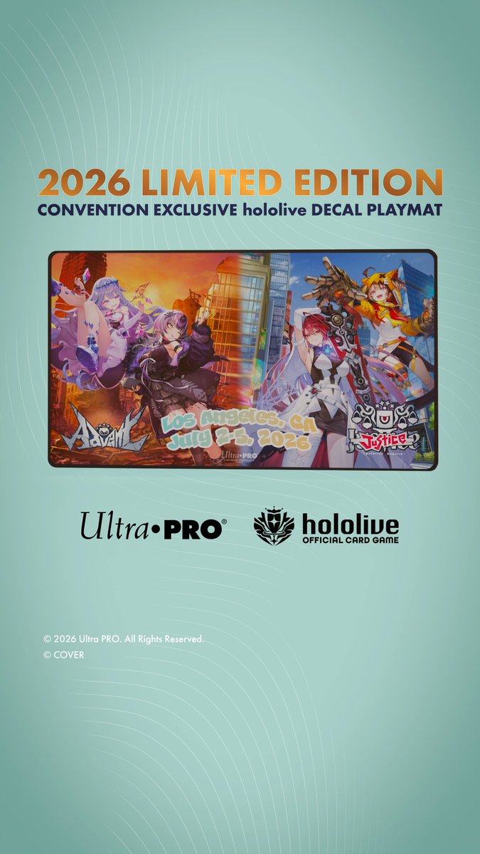 Cheer on your Oshi and set the stage in style! 💖 Get your hands on our Anime Expo exclusive hololive OFFICIAL CARD GAME Advent vs Justice foil playmat! Don't miss out on this limited edition item, only available July 2-5 at the Ultra PRO booth (WH-3512)! See you there! #hololiveproduction #AdventVsJustice #AX2026 #AnimeExpo #UltraPRO