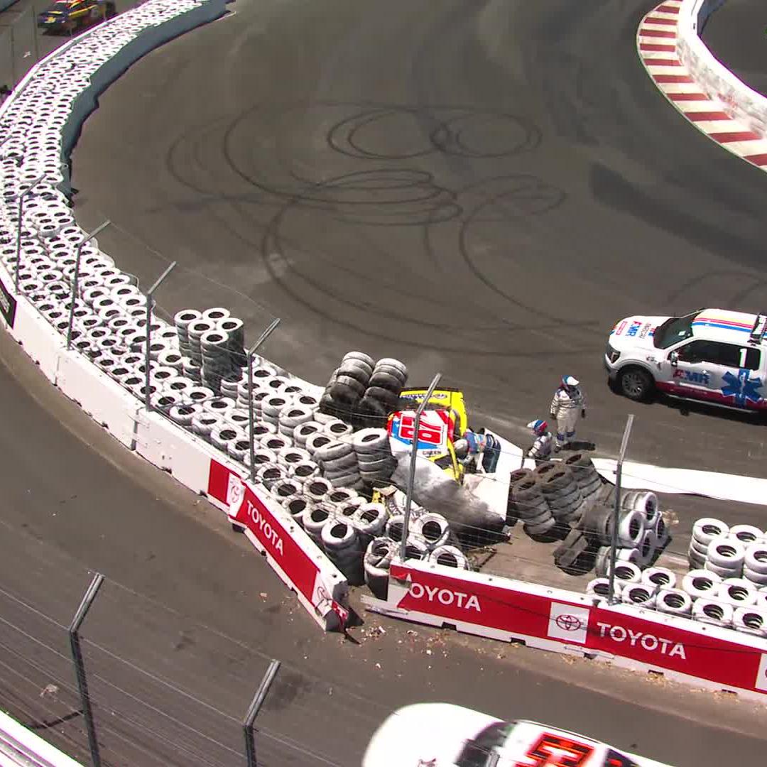 Heavy contact in Turn 11 for the No. 87 of Austin Green, who climbed out under his own power.