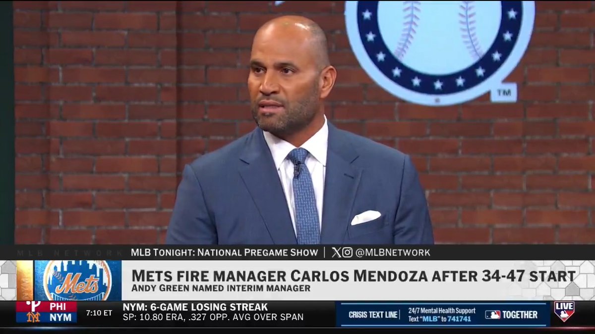 Albert Pujols reacts to the Mets firing Carlos Mendoza after their 34-47 start to the season.
