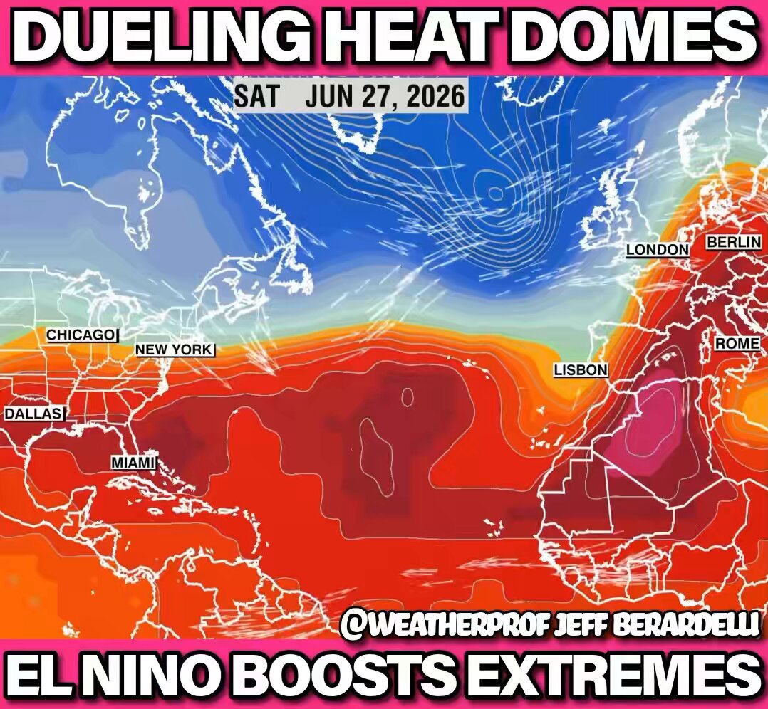 Dueling Heatwaves ‼️ Europe vs the USA in a match no one wants! It’s #Europe ’s most severe #heatwave in history with Germany highs up to 109 this weekend VS the USA where next week will be sweltering with feels like temps up to 115°! All this heat is boosted by the developing strongest El Niño we’ve ever seen, steroids on top of the heating climate! #unitedstates