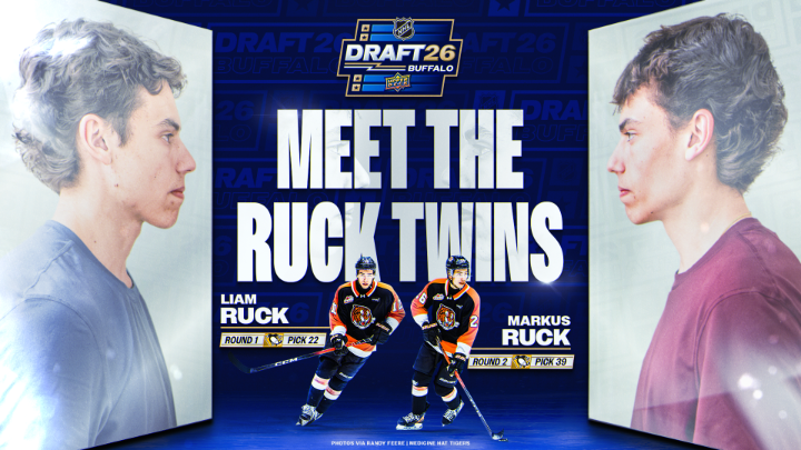 The mirror twins, Liam and Markus Ruck, will begin their NHL careers with the Pittsburgh Penguins! 💛 They're the highest drafted twins since the Sedins in 1999! #NHLDraft