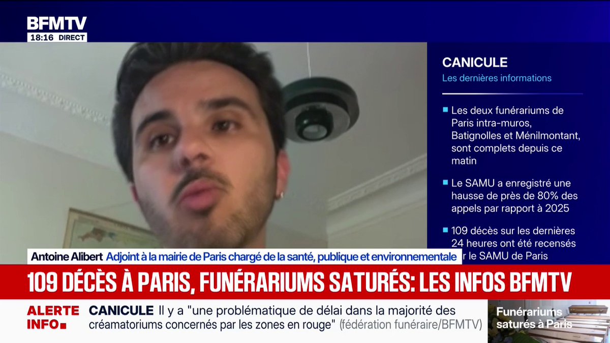 Funérariums saturés: "On le sait, les canicules tuent, et il faut se mobiliser", déclare Antoine Alibert, adjoint à la mairie de Paris chargé de la santé