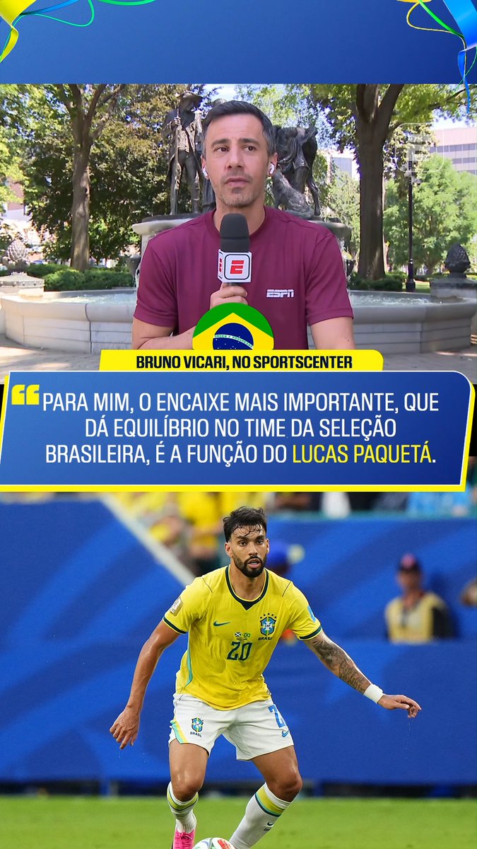 🇧🇷 “O encaixe e a função mais importante que dá equilíbrio à Seleção Brasileira é a função do Lucas Paquetá. Não estou falando que ele é o jogador mais brilhante, mas essa é a função que encaixa o time.” 🎙️ Bruno Vicari. 🎥 ESPN Brasil | SportsCenter Brasil