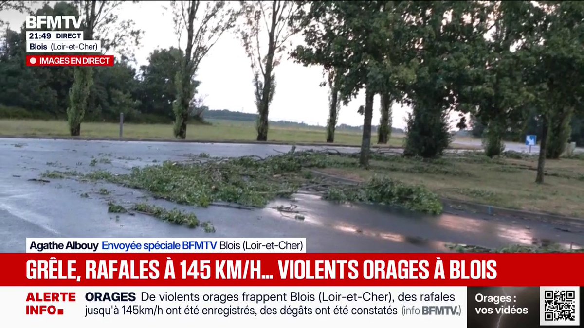De violents orages frappent la ville de Blois avec des rafales allant jusqu'à 145 km/h