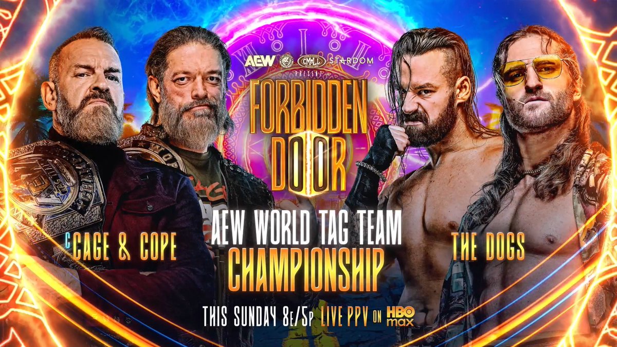 #AEWxNJPW #ForbiddenDoor 8e/5p HBO Max PPV TOMORROW! AEW World Tag Team Title Adam Copeland/Jay 'Christian' Reso vs David Finlay/Clark Connors After The Dogs brutalized Cope & Cage, Finlay & Connors took over, until Cope & Cage returned! Cage & Cope vs The Dogs, TOMORROW!