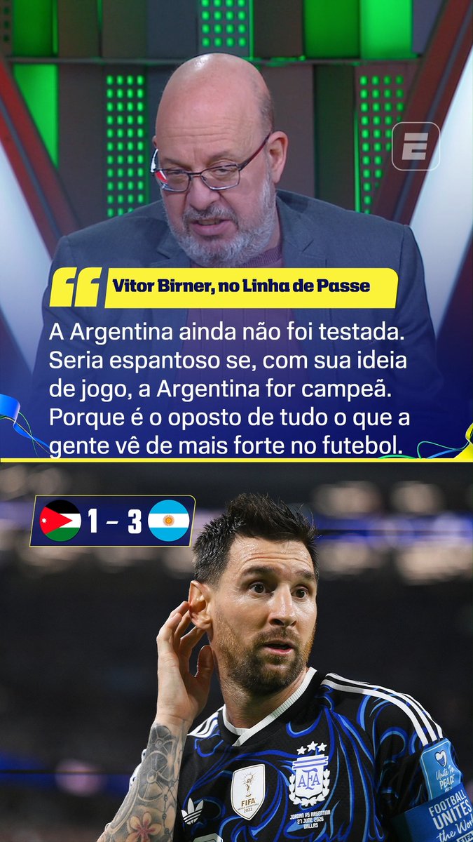 No Linha de Passe, Vitor Birner destacou que, apesar da Argentina estar jogando bem, a seleção ainda não foi testada ao mais alto nível nesta Copa do Mundo. Concorda com ele, fã de esportes? 👉 Assista à Copa do Mundo FIFA pela CazéTV, no #DisneyPlus, sem custo adicional. #ESPN2026 #FIFAWorldCup