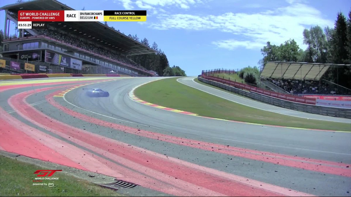 Hard into the wall at Raidillon! The driver's ok. Safety Car will follow FCY. #IGTC | #Spa24H