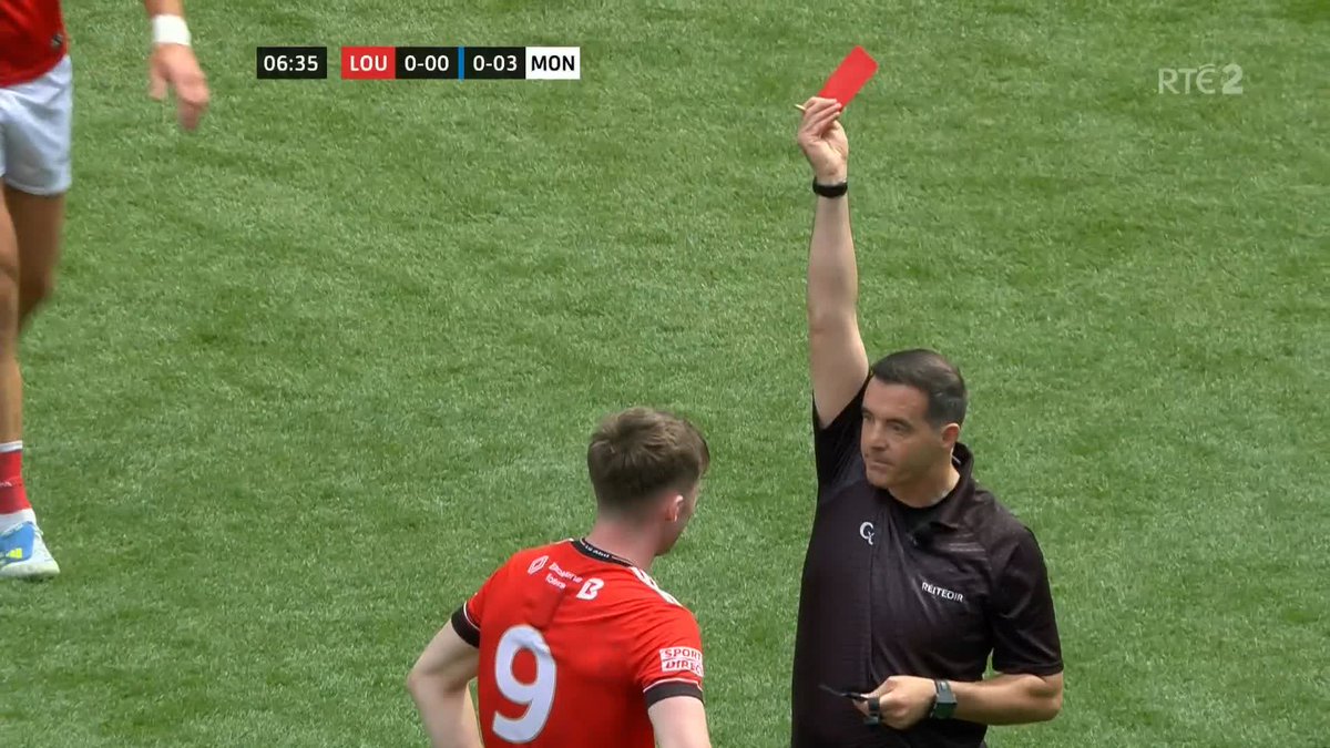 Louth are down to 14 as Sean Hurson shows their midfielder Sean Callaghan a straight red for a shoulder to the head of Ryan McAnespie Watch All-Ireland quarter-finals on RTÉ2 and RTÉ Player. LIsten live on RTÉ Radio 1