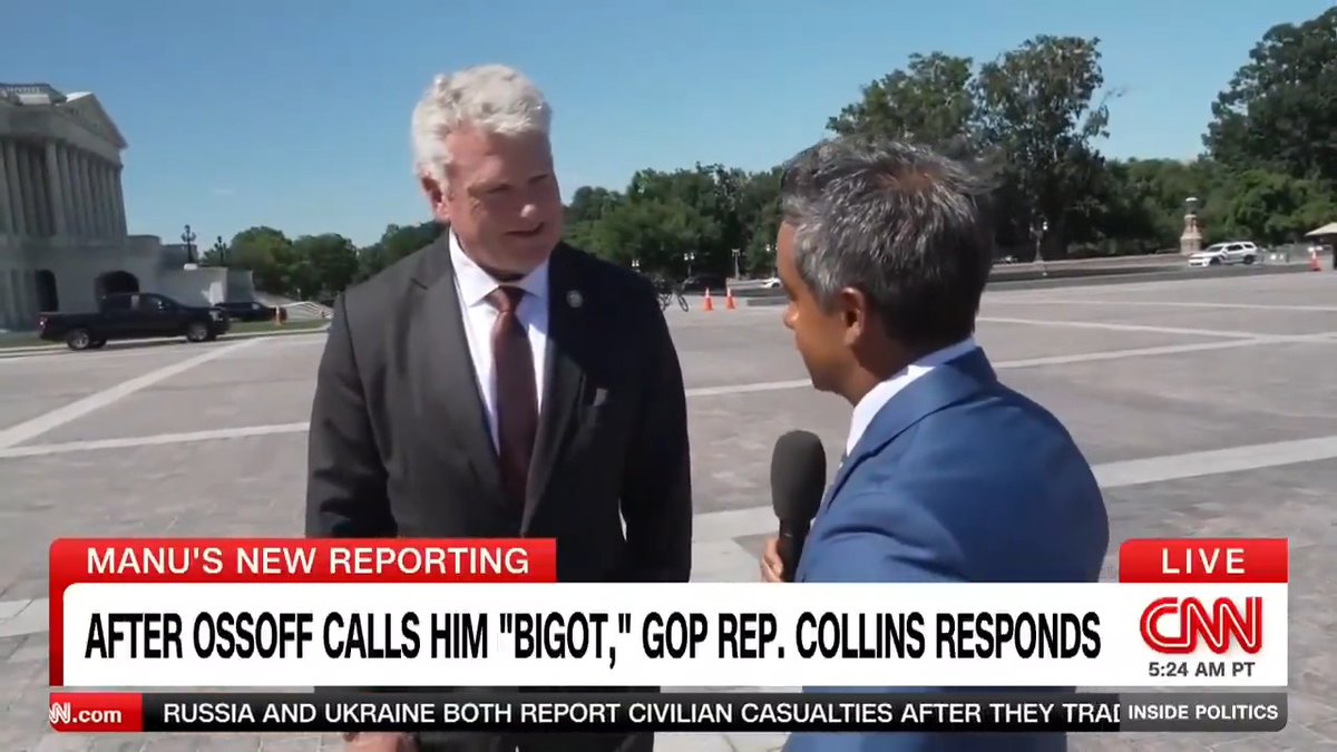NEW: "This guy is weak, he's woke and he will be defeated." Georgia's Republican Rep. Mike Collins slammed his opponent for Senate, Sen. Jon Ossoff, in an exclusive interview with Manu Raju. #InsidePolitics
