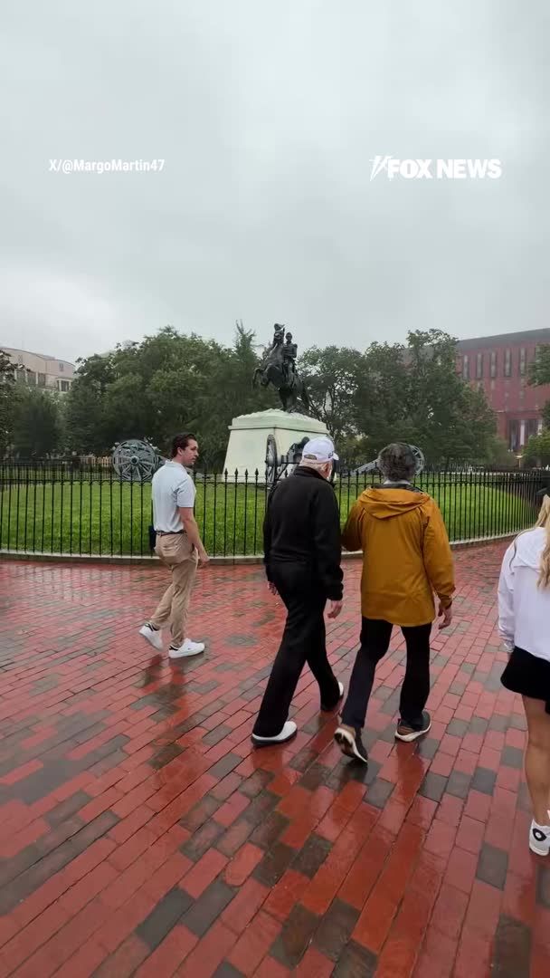 President Trump took a walk through Lafayette Square today to see the restoration work up close. Joined by Interior Secretary Doug Burgum, the president toured the park to personally check the renovations that came under an Executive Order he signed nearly a year ago aimed at restoring and beautifying federal landmarks across Washington, D.C. | Margo Martin