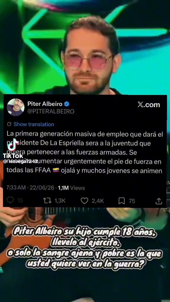 La guerra a donde Piter Albeiro fan de Abelardo De La Espriella quiere que vayan jóvenes pobres a poner su vida para que les den medallas a los padres de la patria.
