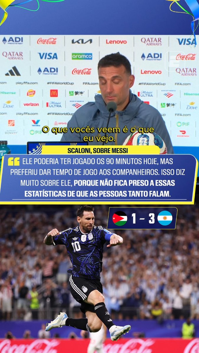 🇦🇷 “Messi poderia ter jogado os 90 minutos (contra a Jordânia) e aumentar essa lenda, mas preferiu dar minutos aos seus companheiros e pensar no grupo. Ele não pensa nos números como as pessoas tanto falam.” 🎙️ Scaloni. 🎥 ESPN Brasil | SportsCenter Brasil