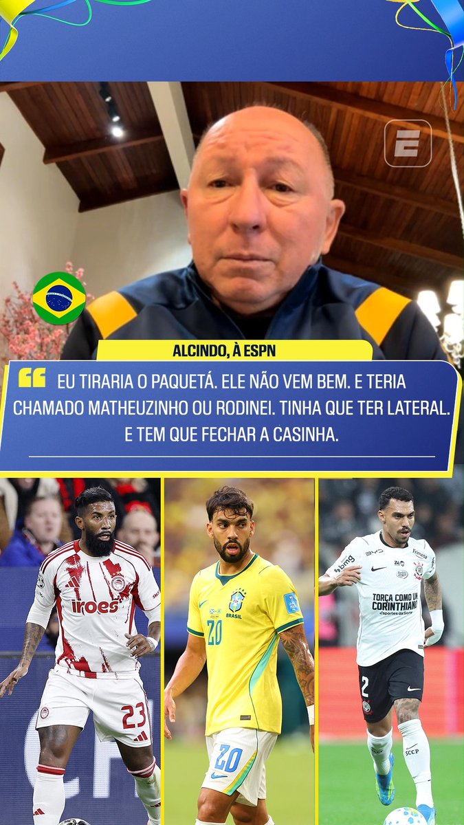 SEM O PAQUETÁ E COM MAIS LATERAIS! Alcindo, ex-Flamengo, São Paulo, Corinthians, Grêmio e Fluminense, em exclusiva à ESPN, deu sua opinião sobre algumas peças do elenco da seleção brasileira! Concorda com ele, fã de esportes? 👉 Assista a Brasil x Japão, nesta segunda-feira (29), pela CazéTV, no #DisneyPlus, sem custo adicional. #ESPN2026 #FIFAWorldCup #Brasil