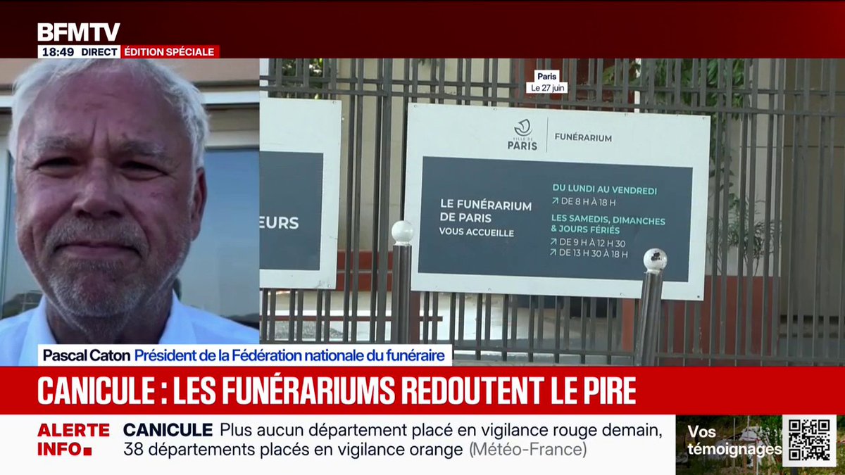 Canicule: "On constate sur les 48 dernières heures, qu'il y a une forte augmentation des décès", observe Pascal Caton, président de la Fédération nationale du funéraire