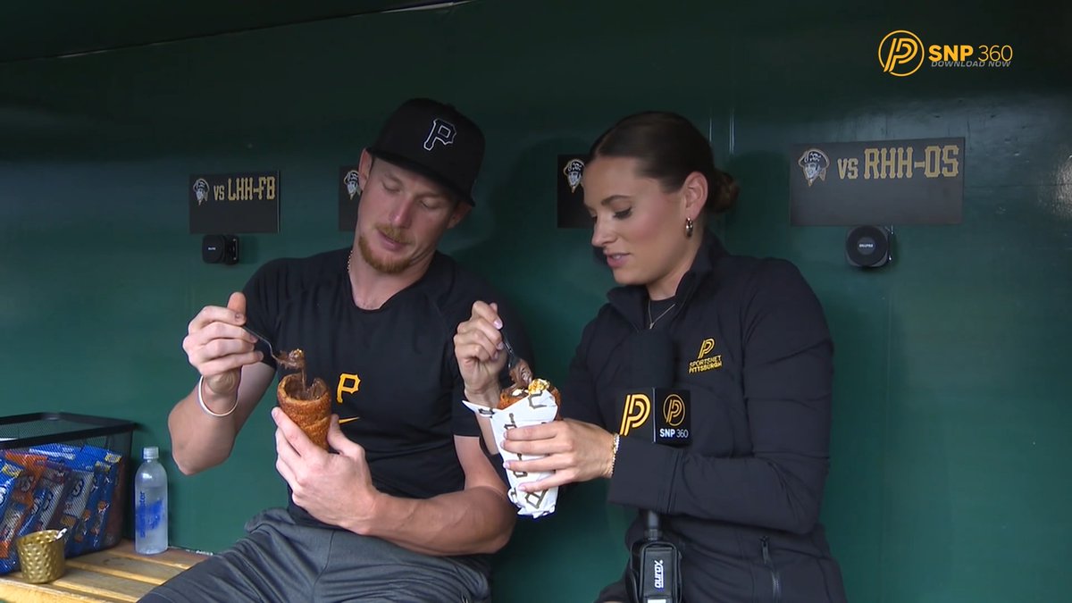 There's some perks to being the official cone hoister in the dugout 😂 Billy Cook and Hannah Mears got to try out PNC Park's new cone-inspired dessert before it drops next homestand 🍦 🍫