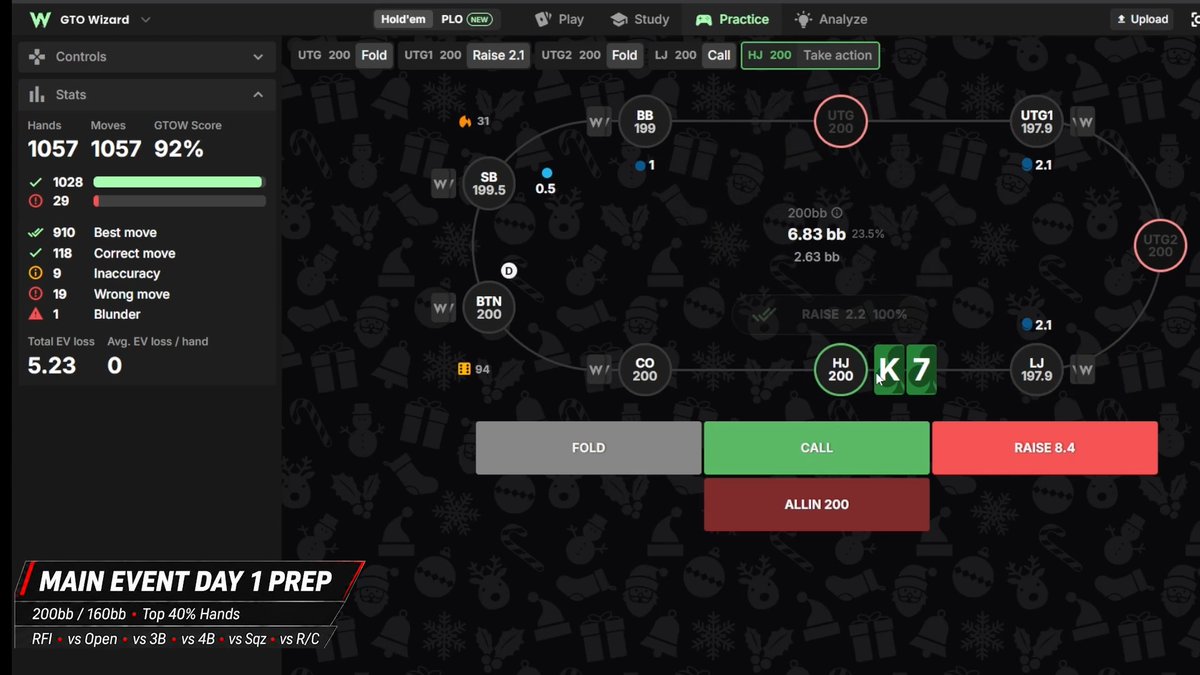 10 mins of me training for Main Event Day 1 deep stack preflop spots w/ GTOWizard made this one for the WSOP players takeaways: lots of mixing w/ most suited playable hands in position A2s-AQs, K5s-KQs, J9s-AJs, most connectors, AK-AQo, KK vs EP raise Can play very wide on BTN vs HJ/CO & lots of calling vs EP raises w/ most offsuit broadways when we are CO/BTN lots of calling from SB with offsuit broadways and weaker suited Kings, don’t really get that yet, much wider than cash game