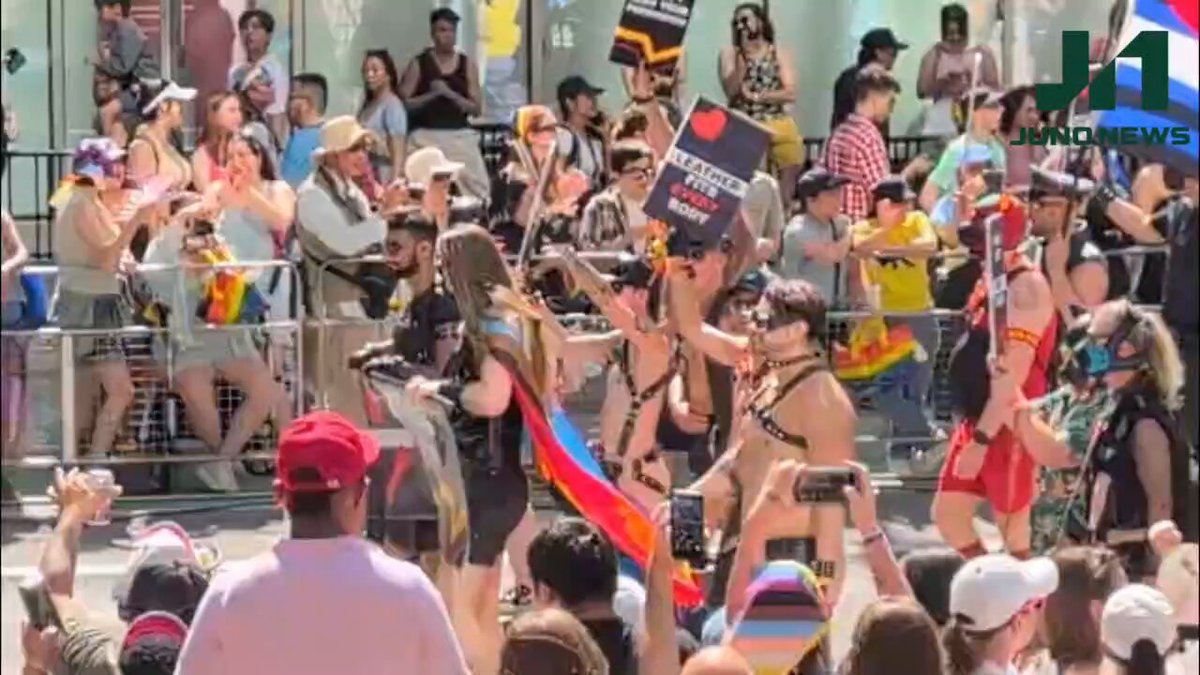 The fetish community paraded down Bloor Street today at the Toronto Pride Parade. The leather strapped, pup mask wearing sometimes nude group was followed closely by the nudist community represented mainly by old white men.
