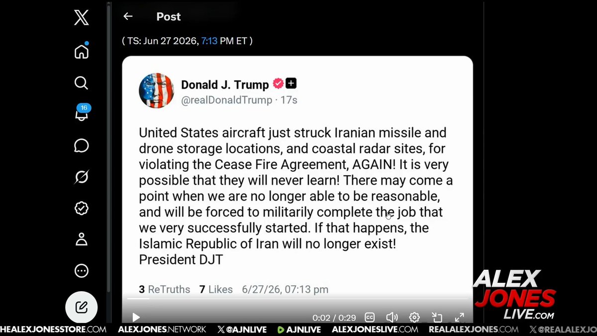 "There May Come A Point Where We Are No Longer Able To Be Reasonable, And Will Be Forced To Militarily Complete The Job That We Very Successfully Started. If That Happens, THE ISLAMIC REPUBLIC OF IRAN WILL NO LONGER EXIST!" Trump Threatens Again That “Iran Will No Longer Exist” If They Don’t Immediately Open Hormuz After Striking Iranian Facilities Over Weekend! 🚨WATCH ALEX JONES LIVE NOW: