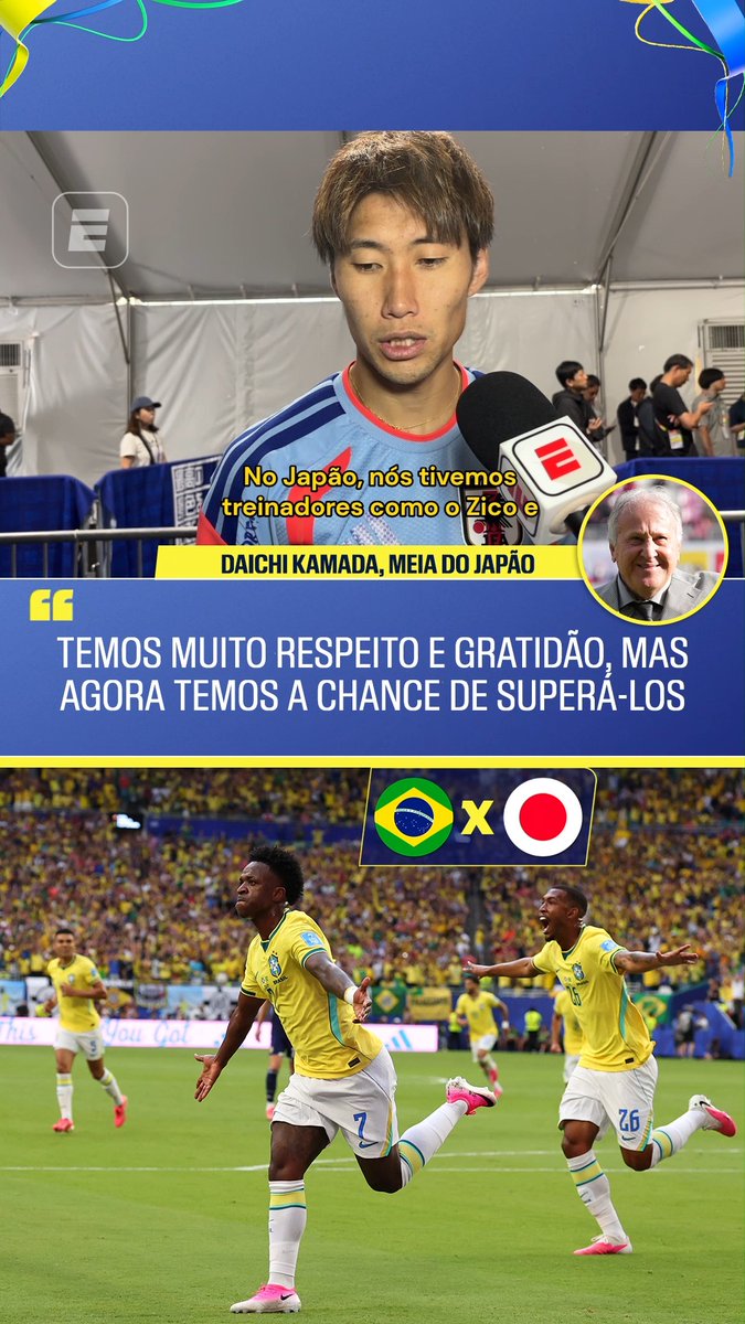 🇯🇵 “No Japão, tivemos treinadores como o Zico, e muitos brasileiros jogam na nossa liga. Aprendemos um com o outro. Temos muito respeito e gratidão, mas agora temos a chance de superá-los.” 🎙️ Daichi Kamada, meia do Japão. 🎥 ESPN Brasil | SportsCenter Brasil