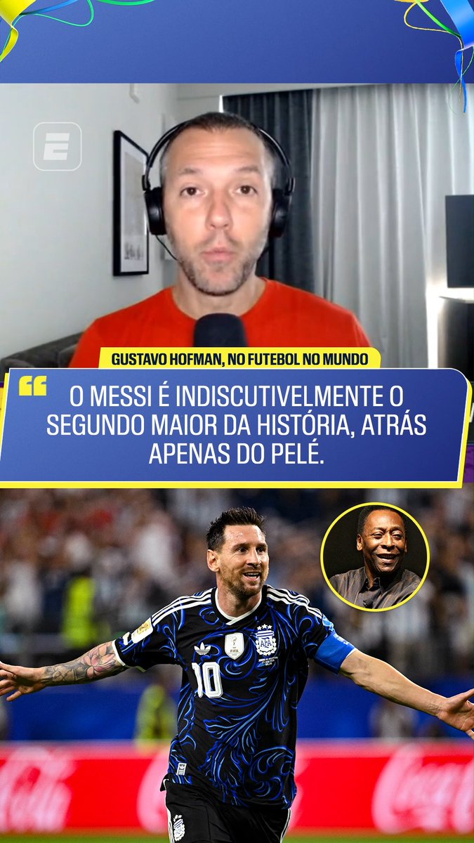 “A discussão sobre Messi e Cristiano Ronaldo, para mim, simplesmente não existe. Ela pode ter existido em algum momento, mas hoje ela não pode existir. Não pode. Para mim, o Messi é indiscutivelmente o segundo maior da história, atrás apenas do Pelé.” 🎙️ Gustavo Hofman, na ESPN. 🎥 ESPN Brasil | SportsCenter Brasil