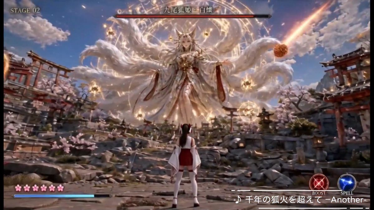 MIKO BARRAGE：幻陽狐結界 明るい神社ステージに現れた巨大狐娘BOSS。 九本の尾と狐火弾幕が、ステージごと崩していく。 #giantess 7/5（日）に、先行本編公開。 Patreonにて20:00(JST) 本編投稿！