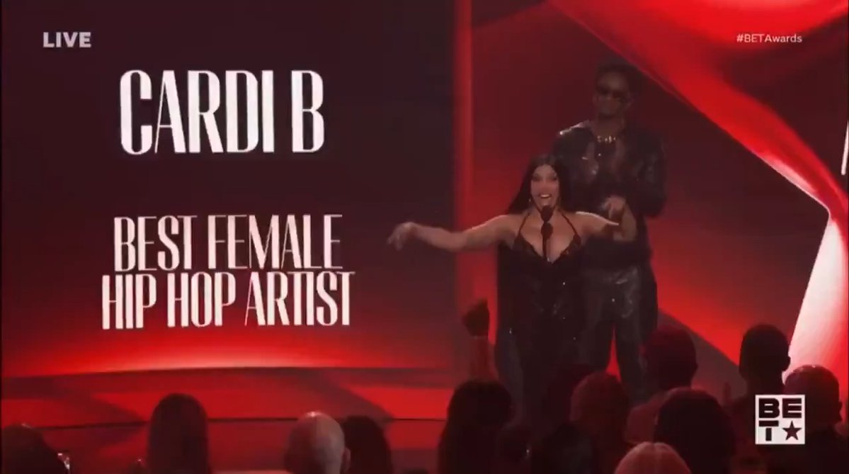 Cardi B wins the award for Best Female Hip Hop Artist at the 2026 BET Awards. Bardi beat out Coi Leray, Doechii, Doja Cat, GloRilla, Latto, Megan Thee Stallion, Monaleo and YK Niece to win the award for the third time. She also won in 2018 and 2019.