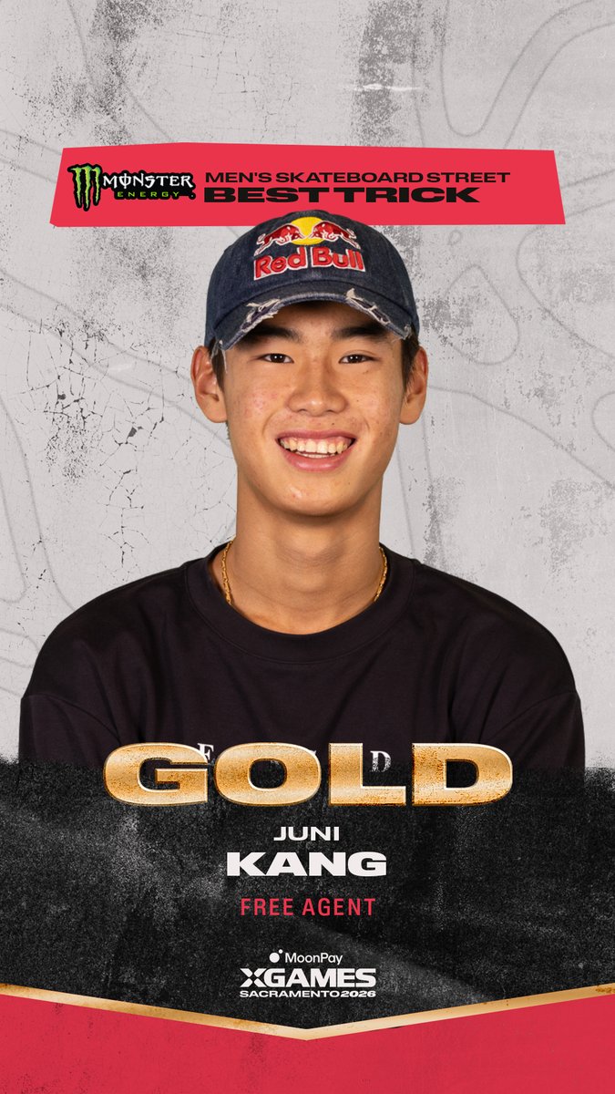 Juni Kung wins his first X Games gold with a nollie backside 270 heelflip to boardslide 270 out of the 12-stair handrail in @monsterenergy Men’s Skateboard Street Best Trick at MoonPay 🟣 X Games Sacramento! 🥇