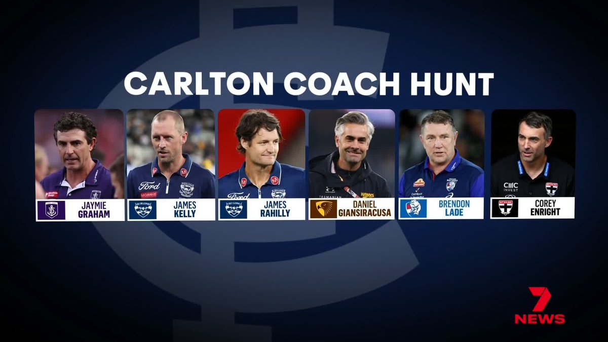 The six confirmed candidates (so far) for the role of Carlton head coach, per Mitch Cleary ๐ - Jaymie Graham (Fremantle) - James Kelly (Geelong) - James Rahilly (Geelong) - Daniel Giansiracusa (Hawthorn) - Brendan Lade (Bulldogs) - Corey Enright (St Kilda)