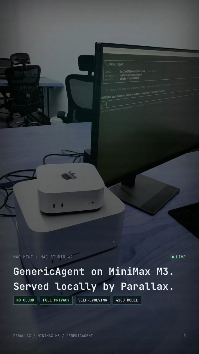 A self-evolving agent + a 428B model + 3 Macs = ? Your own AI lab. We ran MiniMax (official) M3 locally with Parallax, right on our desk. Then GenericAgent took over to create a 5-stock portfolio and write it to disk. No cloud. No API bills. Nothing left the machine. Wild to see a ~3K-line agent drive all this with a 400B+ model on local hardware. Thanks to the GenericAgent and MiniMax teams for making local AI feel real.