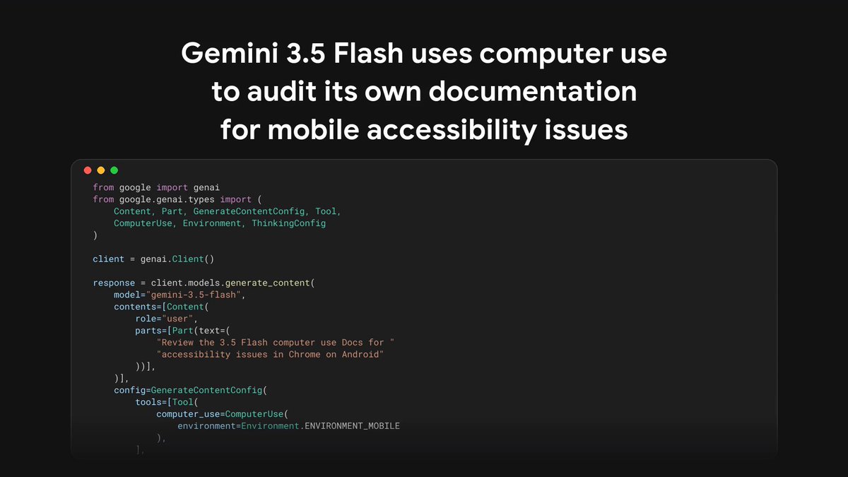 Hicimos a Gemini 3.5 Flash todavía más capaz. Integramos la función "computer use" directamente en el modelo. 🖥️ Esto permite construir agentes inteligentes que navegan y operan aplicaciones de forma autónoma y segura en cualquier plataforma. Empieza a construir hoy: