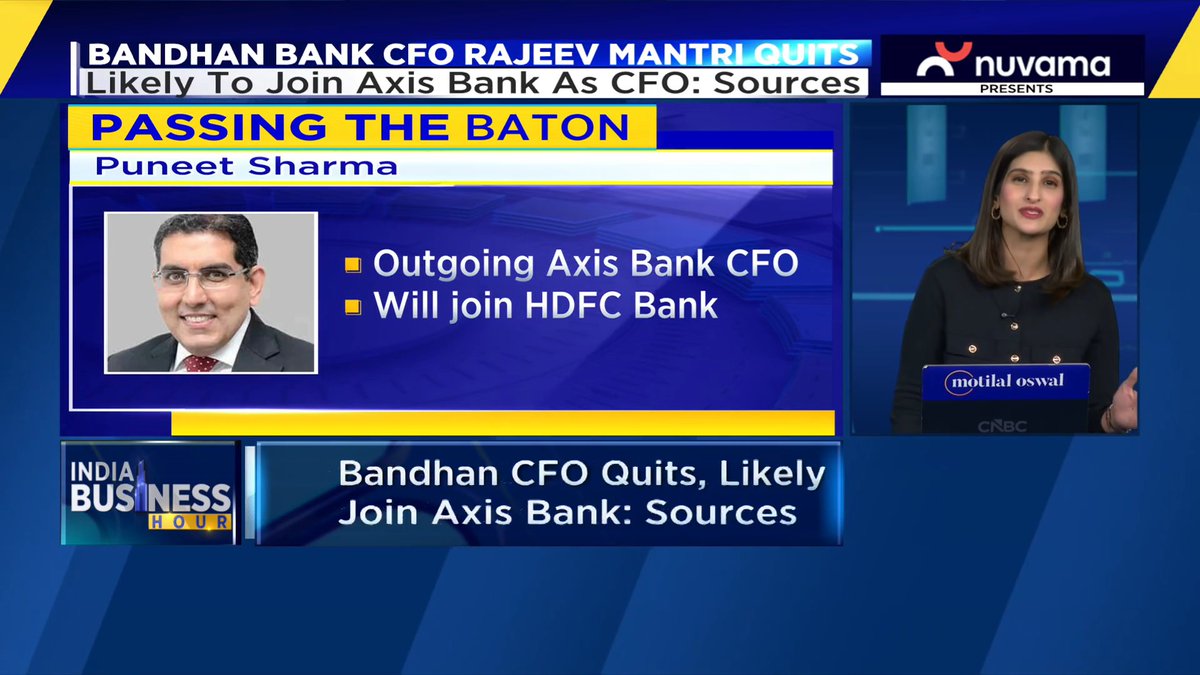 🚨 CFO MUSICAL CHAIRS AT INDIA'S TOP PRIVATE BANKS Sources Say * Outgoing Bandhan Bank CFO Rajeev Mantri likely to become next Axis Bank CFO * Outgoing Axis Bank CFO Puneet Sharma likely to become next HDFC Bank CFO Ritu Singh reports #AxisBank #HDFCBank #BandhanBank #BankingNews #CNBCTV18