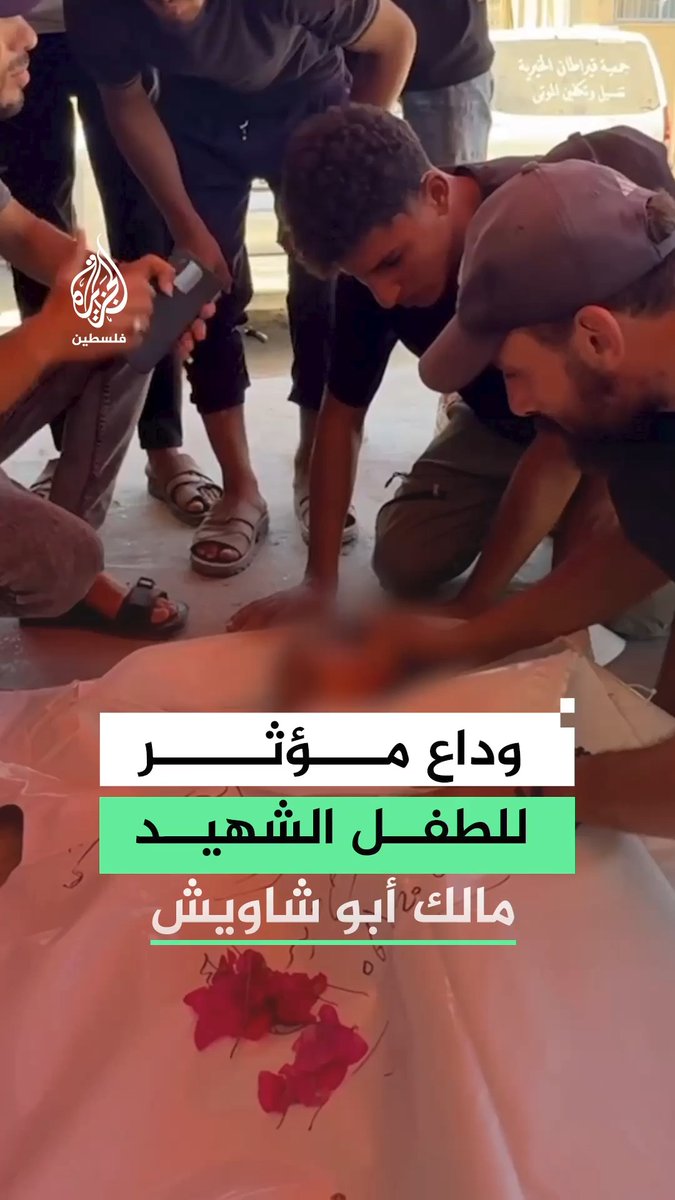 وداع مؤثر للطفل مالك أبو شاويش الذي استشهد جراء غارة إسرائيلية على مدينة دير البلح وسط قطاع غزة بينما كان بطريقه لشراء الخبز لعائلته #فيديو