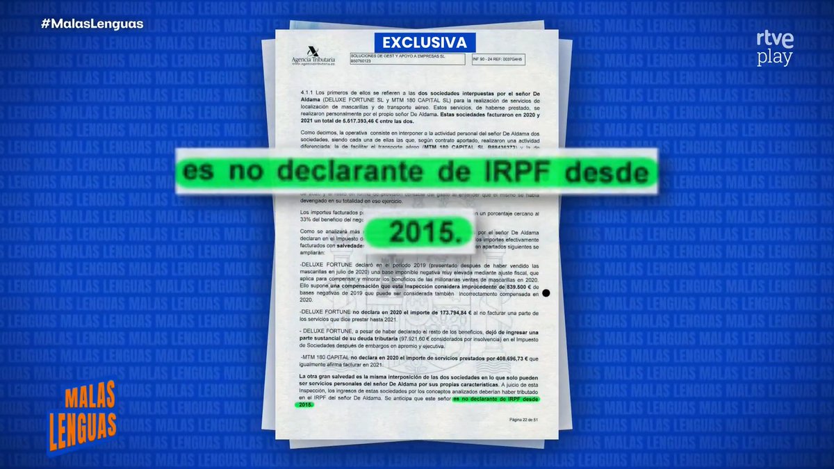 🔥 EXCLUSIVA: ¿Aldama lleva sin declarar el IRPF desde 2015? Un informe de la Agencia Tributaria, al que ha tenido acceso el equipo de #MalasLenguas, apunta a ello ➡ "Han decidido que esto es una especie de ejemplo de patriotismo", según Jesús Cintora