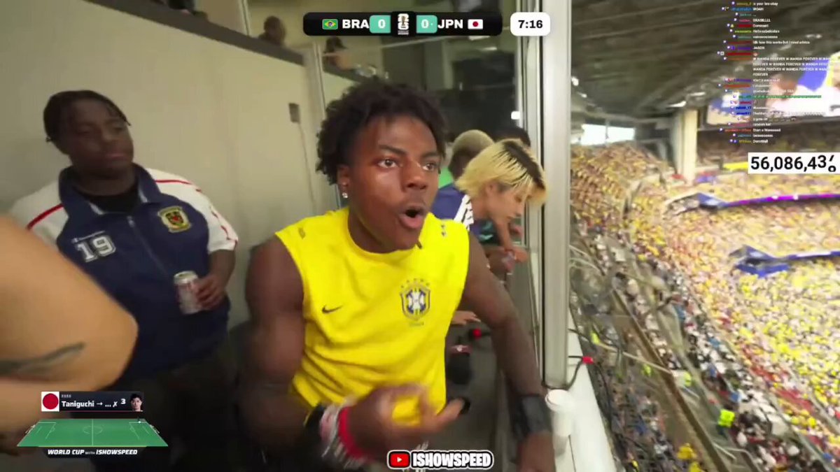 IShowSpeed spots Neymar Jr. on the bench at the Brazil vs Japan World Cup knockout match 🇧🇷🔥 "Why isn't he in the game though?"