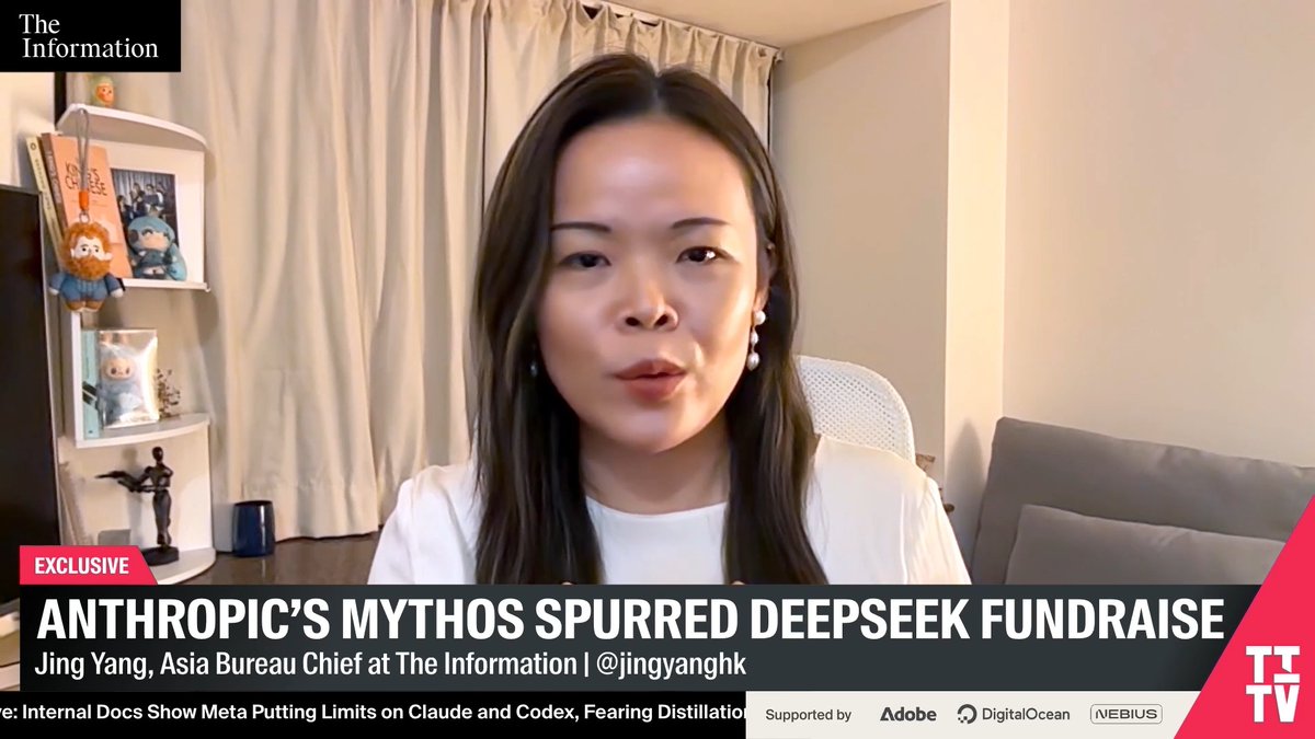 Anthropic Mythos’ advancements that were “on a totally different level” gave DeepSeek’s CEO an “epiphany” he needed to raise $7.4B. "If DeepSeek were to stay in the game, I mean to remain competitive in the long run, he really needed to build a massive war chest, at least in the realms of like tens of billions of dollars to begin with.” — Jing Yang, Asia Bureau Chief