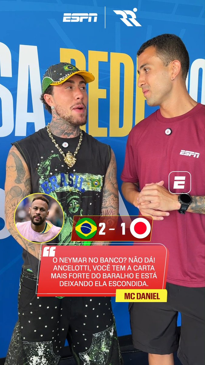 MC Daniel ficou na bronca com a ausência de Neymar em campo na vitória do Brasil sobre o Japão e mandou um recado para Carlo Ancelotti. 🇧🇷👀 E você, fã de esportes, concorda com ele? 🤔 #RedeRonaldo #ESPN2026 #FIFAWorldCup #Neymar
