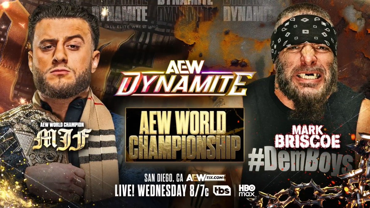 #AEWDynamite 8/7c, TBS & HBO Max Wednesday, 7/1 AEW World Title Maxwell Jacob Friedman™️ vs Mark Briscoe Team Briscoe won in the Cage at #ForbiddenDoor, now AEW World Champion MJF's nightmare has come true & he has to defend vs Briscoe! This will be the first match on Dynamite, WEDNESDAY!