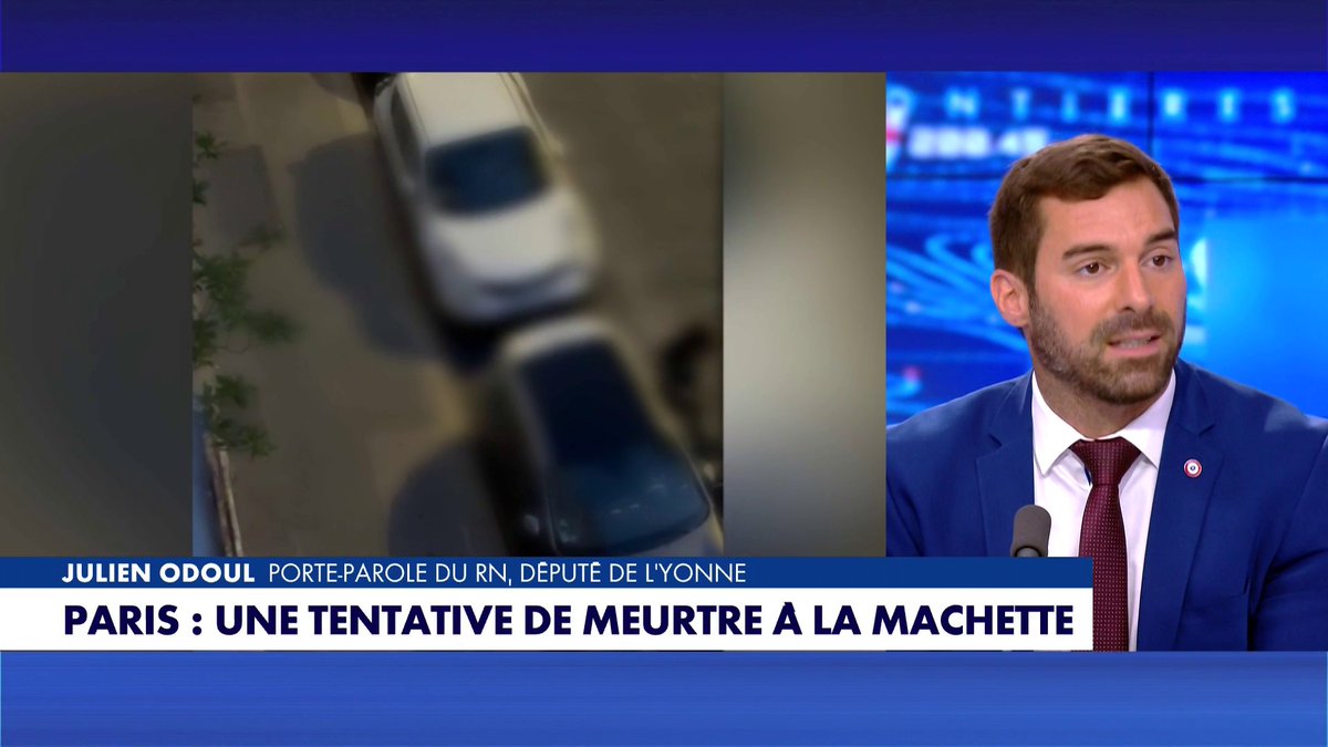 Après une tentative de meurtre à la machette à Paris, le porte-parole du RN Julien Odoul est catégorique : «L'extrême-gauche et la gauche menacent la vie de nos enfants parce qu'ils contribuent au laxisme et à l'impunité», dans #100Frontieres