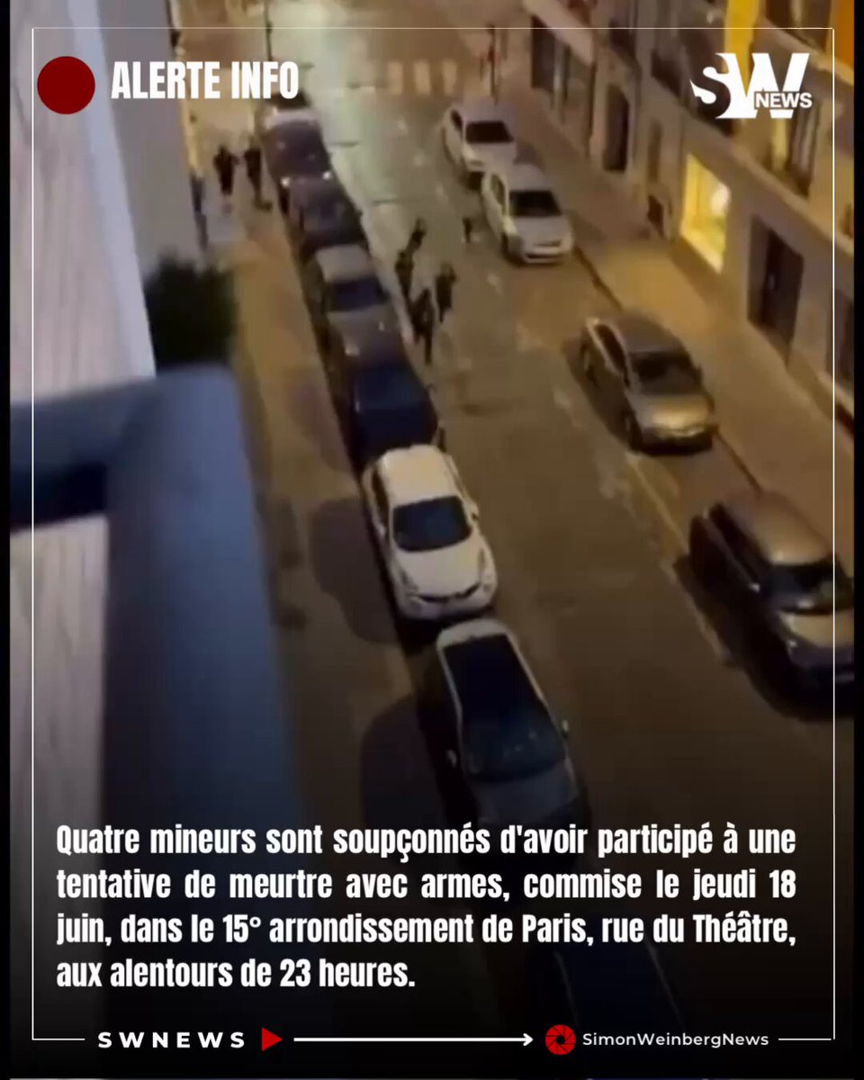 🔴🇫🇷⚡️ | PARIS > Quatre mineurs ont été interpellés après une violente agression commise le 18 juin dans le 15ᵉ arrondissement de Paris. Ils sont soupçonnés de tentative de meurtre avec armes sur un autre mineur. Selon les premiers éléments de l’enquête, les quatre adolescents, armés de barres de fer et d’une machette, auraient roué leur victime de coups après l’avoir projetée au sol. L’un des agresseurs aurait filmé la scène. La victime, également mineure, souffre notamment d’une profonde entaille à la cuisse d’une vingtaine de centimètres ainsi que de nombreuses ecchymoses sur l’ensemble du corps. Les suspects, interpellés une semaine après les faits, résident pour la plupart dans le quartier de Beaugrenelle. L’enquête privilégie la piste d’un règlement de comptes entre bandes de mineurs. 📌 Selon des sources policières citées par Frontières, le secteur de Beaugrenelle est confronté à une recrudescence des affrontements entre bandes impliquant désormais des collégiens et des lycéens, illustrant une violence de plus en plus précoce. #Paris #Sécurité #Police #FaitsDivers #France