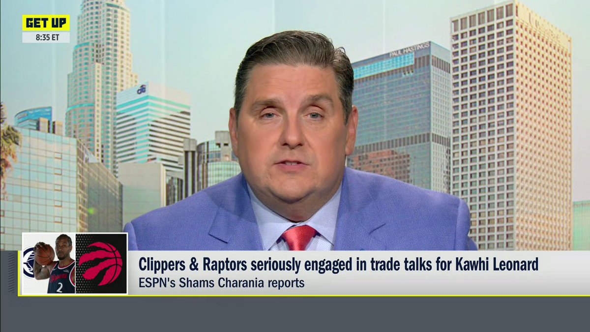 "This trade could happen today. ... Despite him coming off a brilliant season, the Clippers ... are not willing to offer Kawhi Leonard an extension right now of any sort." —Brian Windhorst on the Raptors-Clippers trade talks for Kawhi Leonard 👀