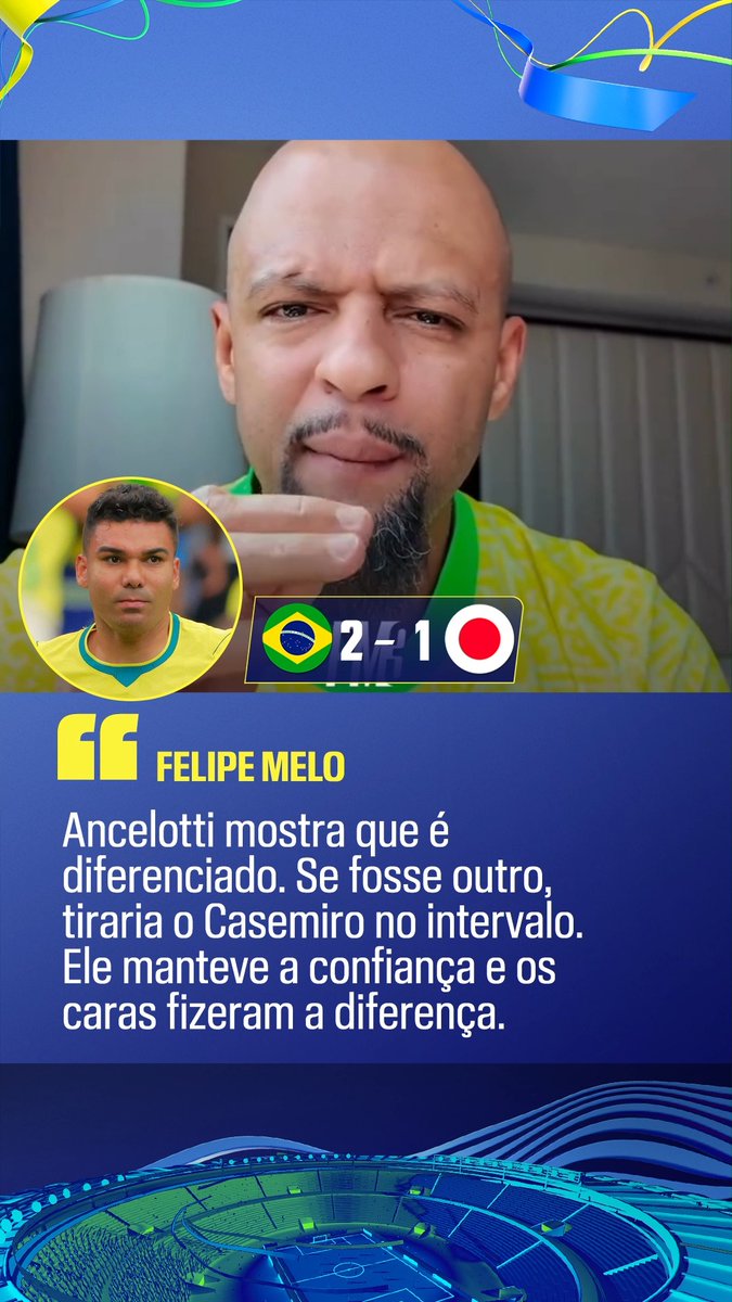 Felipe Melo: “Carlo Ancelotti mostra realmente que é um treinador diferenciado. Se fosse outro treinador, de repente tiraria o Casemiro no interessante. Ele manteve a confiança e os caras fizeram a diferença.” 🗞️ ESPN Brasil SportsCenter Brasil 🎥 Reprodução