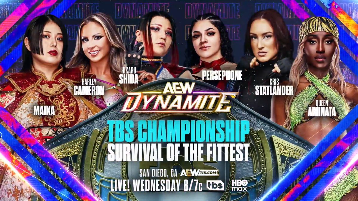 #AEWDynamite 8/7c, TBS & HBO Max Tomorrow, 7/1! TBS Title Survival of the Fittest 舞華 vs Harley Cameron vs @ShidaHikaru vs Persephone vs @CallMeKrisStat vs Queen Aminata クィーンアミナタ All 6 qualifier winners will fight, the survivor will be the NEW TBS Champion TOMORROW NIGHT!