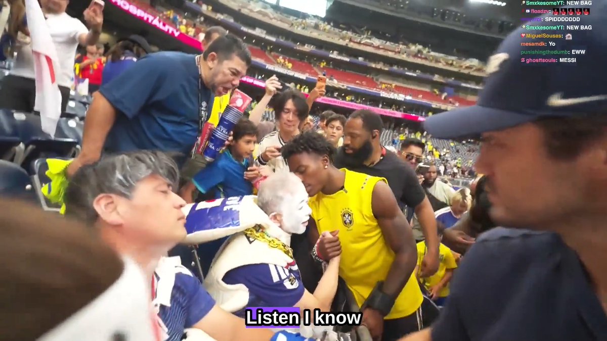 Man repeatedly shouts "Messi!" at iShowSpeed while he consoles a Japanese supporter after World Cup loss to Brazil