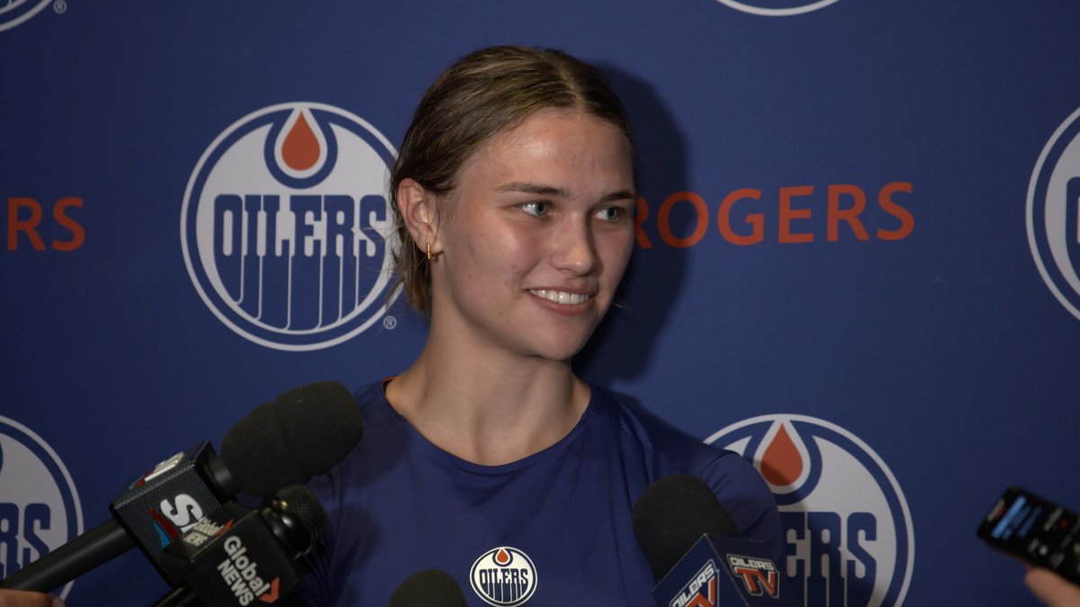 "Just taking it all in, learning. It's been super fun to learn what goes on behind the scenes &amp; how these NHL pros get treated." UMD Women's Hockey forward Caitlin Kraemer speaks to the media about her biggest takeaway so far at #Oilers Development Camp. Enterprise | #LetsGoOilers