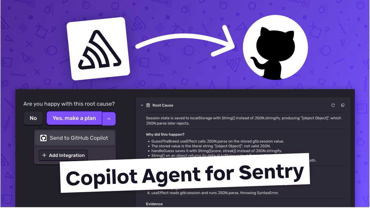 Seer, Sentry's AI debugger, analyzes your issues and finds the root cause. Now you can pass that analysis directly to a @GitHub Copilot agent which picks up the context, generates a fix, and opens a pull request. Learn more in our latest video with Paul Jaffré 👇