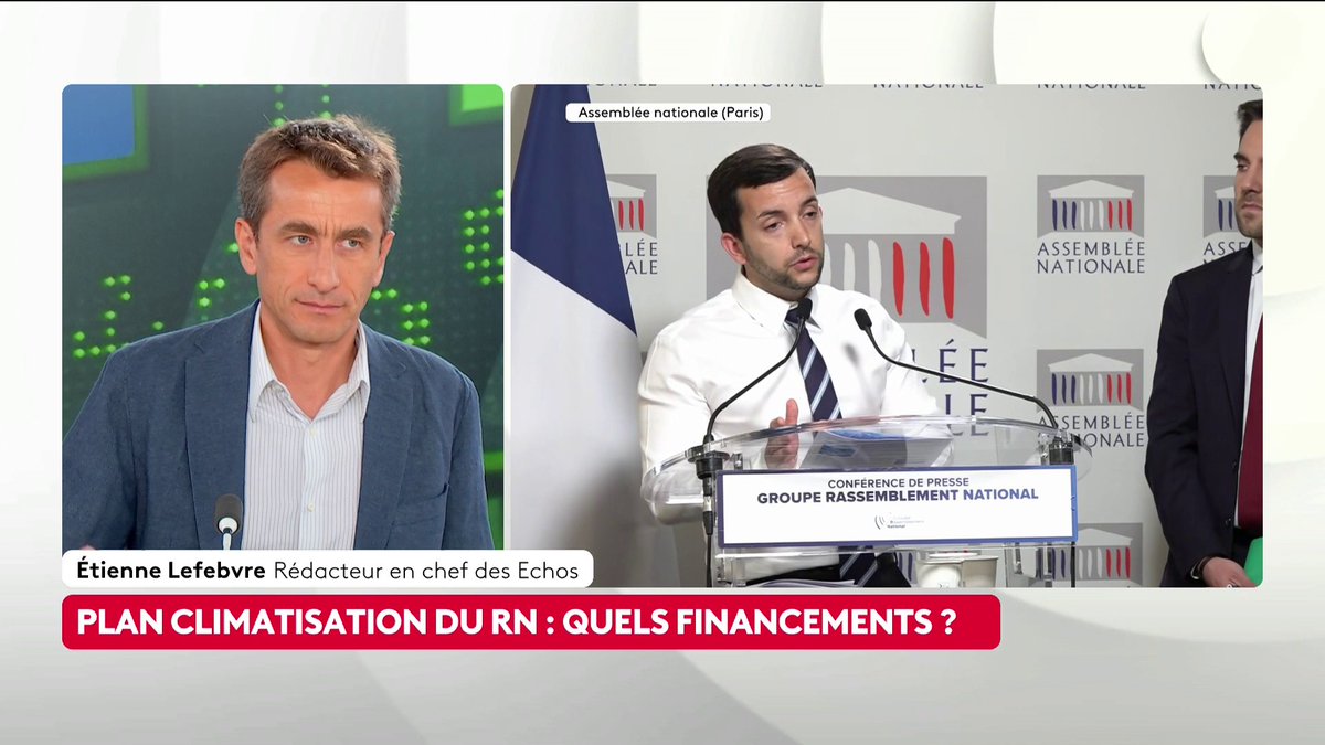 🔴 🗣️ Prêts à taux zéro de 20 milliards d'euros : le RN dévoile son "plan clim" "Vous dites à des communes qui n'ont pas d'argent qu'elles vont devoir emprunter pour se climatiser", souligne le journaliste aux Échos Etienne Lefebvre. Loïc de La Mornais #SurLeTerrain #Canal16