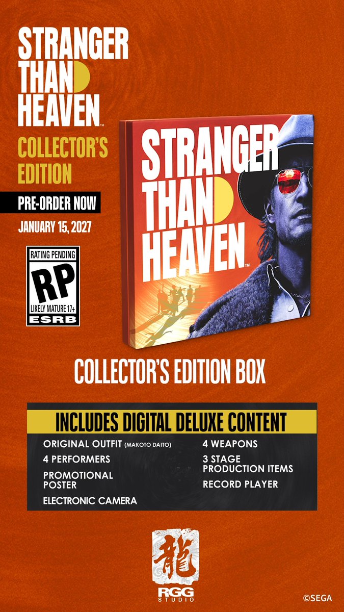 Pre-order the STRANGER THAN HEAVEN Collector's Edition today and play on January 15th, 2027! Collector's Edition includes: ✔STRANGER THAN HEAVEN Physical Disc Base Game (Xbox Series X|S or PlayStation 5) ✔Exclusive SteelBook Case ✔Exclusive 12-Inch Vinyl Record ✔Exclusive Collector’s Edition Box ✔Deluxe Upgrade DLC Code ✔In-game weapon “Dosu: Kagekiri” Pre-Order Bonus Code An exclusive 12-inch vinyl record featuring the main theme “STRANGER THAN HEAVEN” along with other standout tracks from the game, an exclusive SteelBook case, physical disc copy of the base game (Xbox Series X|S or PlayStation 5), plus Deluxe Upgrade and Pre-Order Bonus DLC codes are all included in the premium box featuring exclusive art.