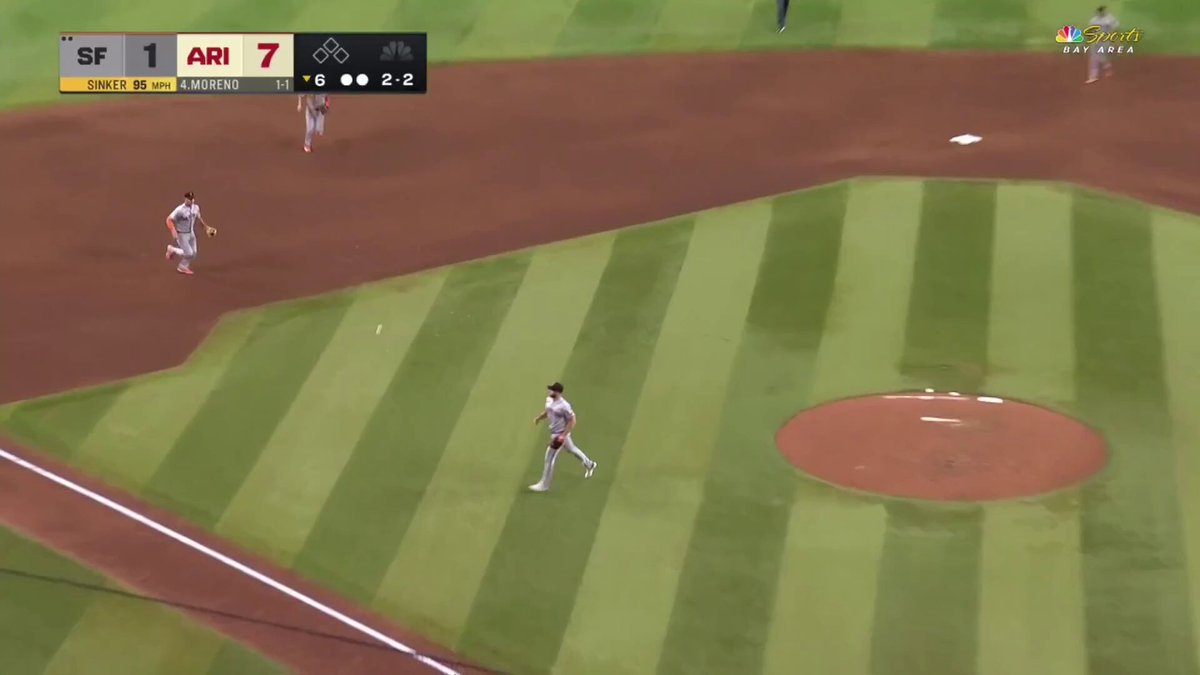 Matt Chapman is out after getting hurt on this grounder. He was grimacing after his next at-bat and went straight to sit down in dugout after popping up. Luis Arraez is playing third and Jonah Cox is at second.