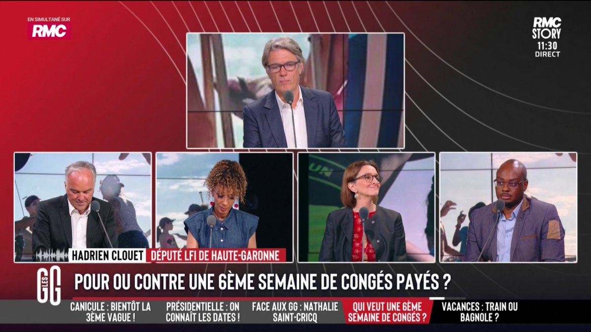 🏖️ Pour une 6ème semaine de congés payés ? 📞 Hadrien Clouet, député LFI : "Les Français travaillent plus en moyenne que nos voisins. Ça fait 1 demi-siècle que rien n'a évolué. Depuis, la productivité a augmenté : un salarié produit 50 % de plus qu'un salarié en 1982." #GGRMC